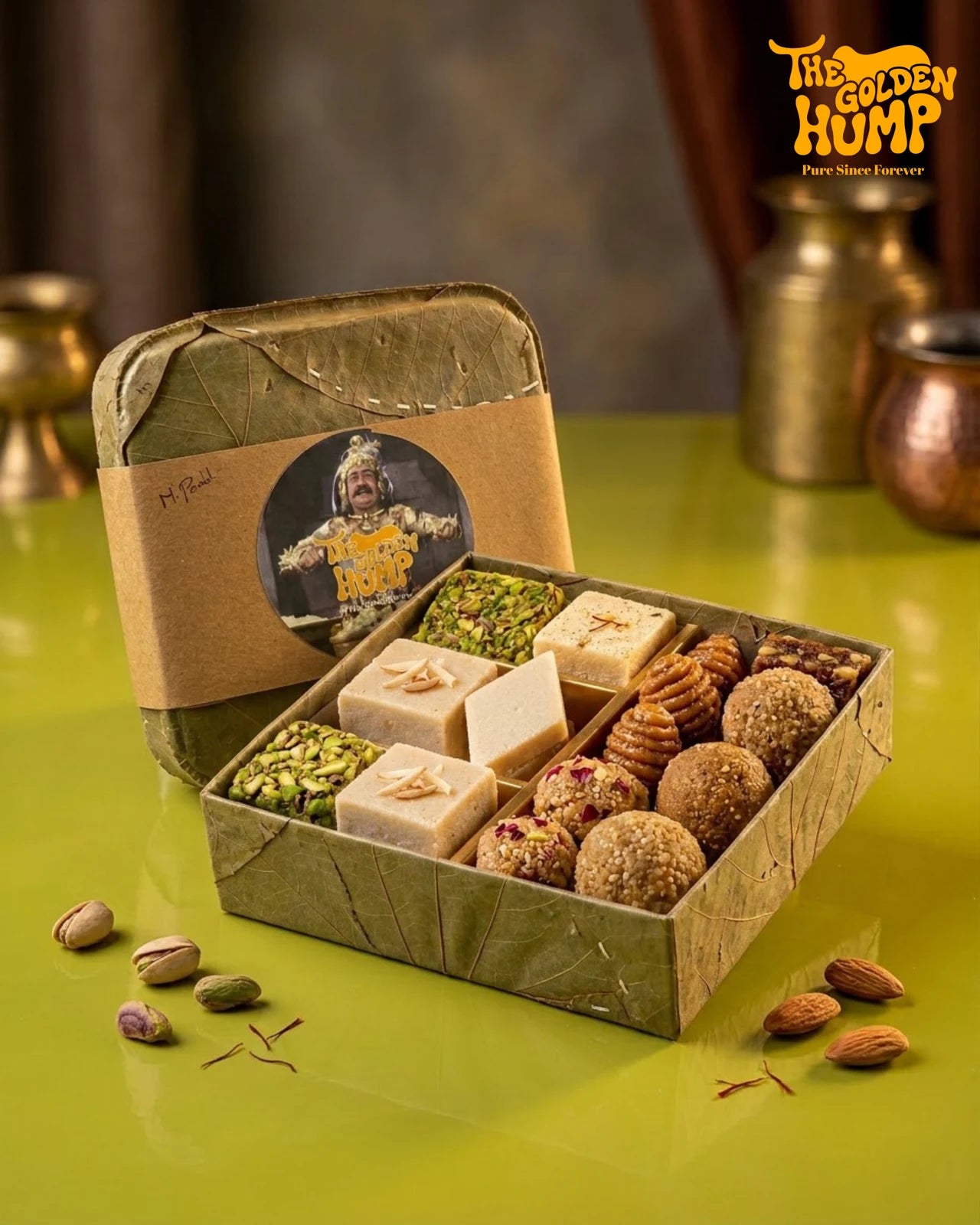 An open Golden Hump gift box, leaf-stitched, with an assortment of sweets