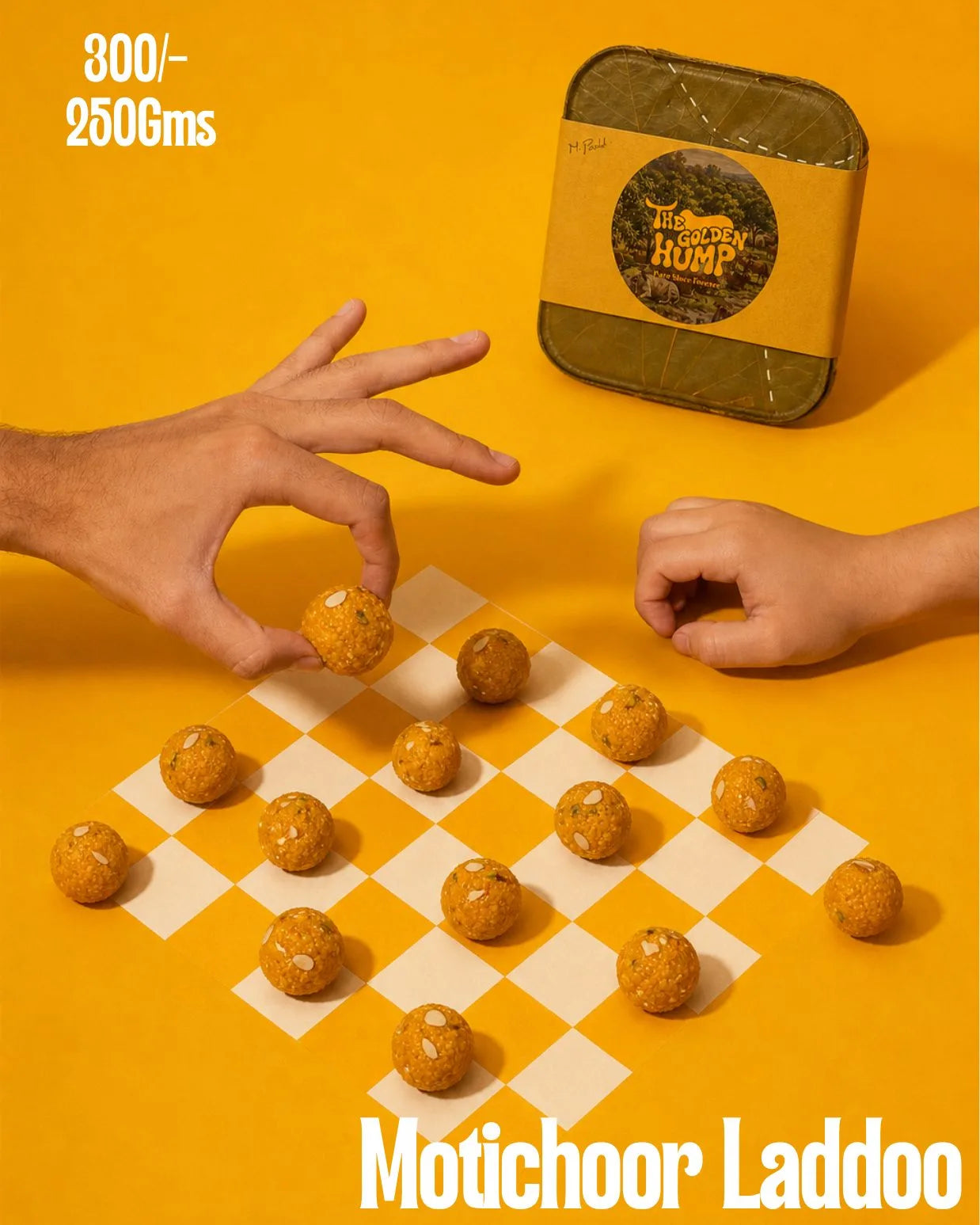 Motichoor laddoos set on a checkerboard like game pieces