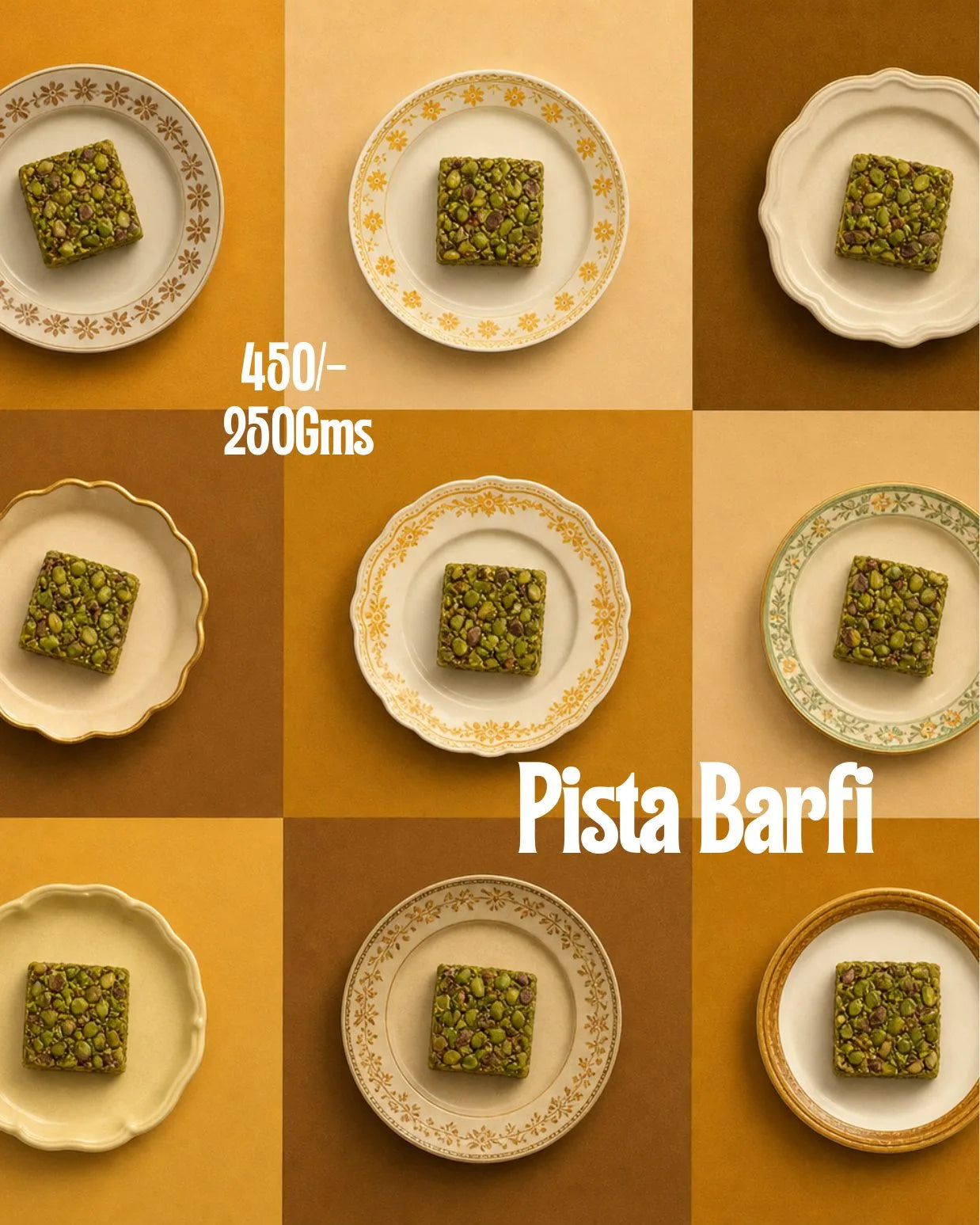 Pista barfi squares on nine vintage plates in a grid